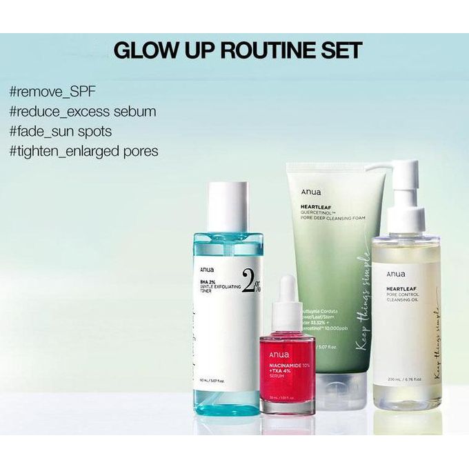 Anua Skincare Essentials – Oil Cleanser, Foaming Cleanser, Toner & Niacinamide Serum