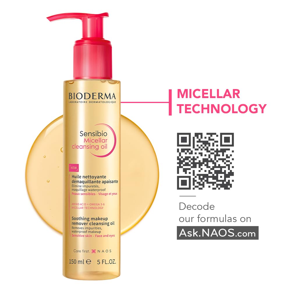 Bioderma Sensibio Micellar Cleansing Oil, 1st Ecobiological Micellar Formula Gentle Face Cleanser That Deeply Cleanses, Soothes & Nourishes Skin with Oil-to-Milk Texture, Fragrance-Free, 5 Fl Oz