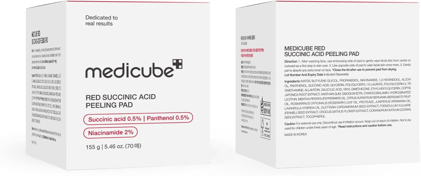 Medicube Red Succinic Acid Panthenol Facial Peeling Pads - Exfoliating Toner Pads for Breakout-Prone Skin with Niacinamide, AHA, BHA, and Soothing Panthenol - Non-Comedogenic