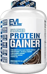 Evlution Nutrition Stacked Protein Gainer, 50 Grams Whey Protein Powder Complex, 251 Grams Carbohydrates, Build Muscle, Recovery, Post Workout, Gluten-Free (Double Rich Chocolate, 6 LB)