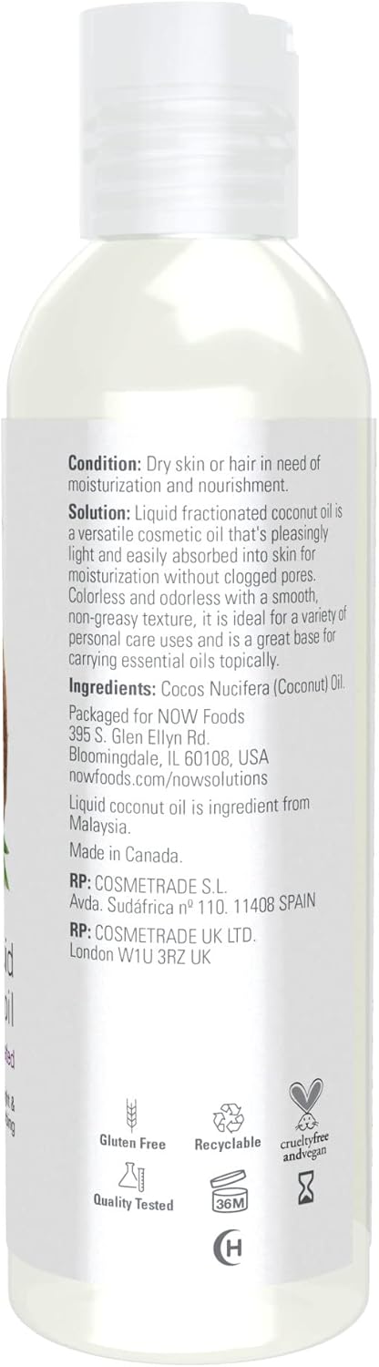 NOW Foods Solutions, Liquid Coconut Oil, Light and Nourishing, Promotes Healthy-Looking Skin and Hair, 4-Ounce