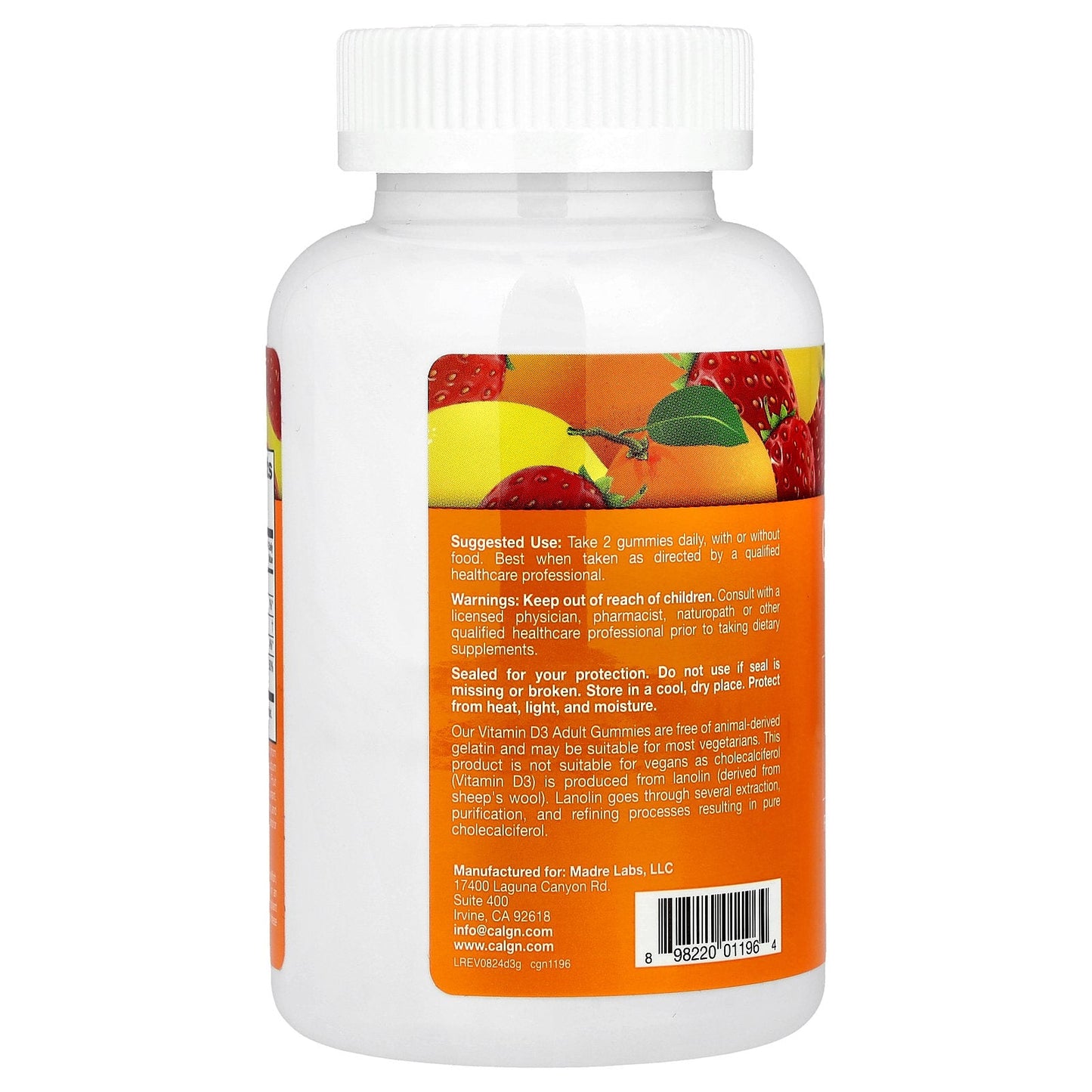 California GOLD Nutrition Adult Gummies Vitamin D3 (Lemon, Orange & Strawberry) 90 Vegetarian Gummies