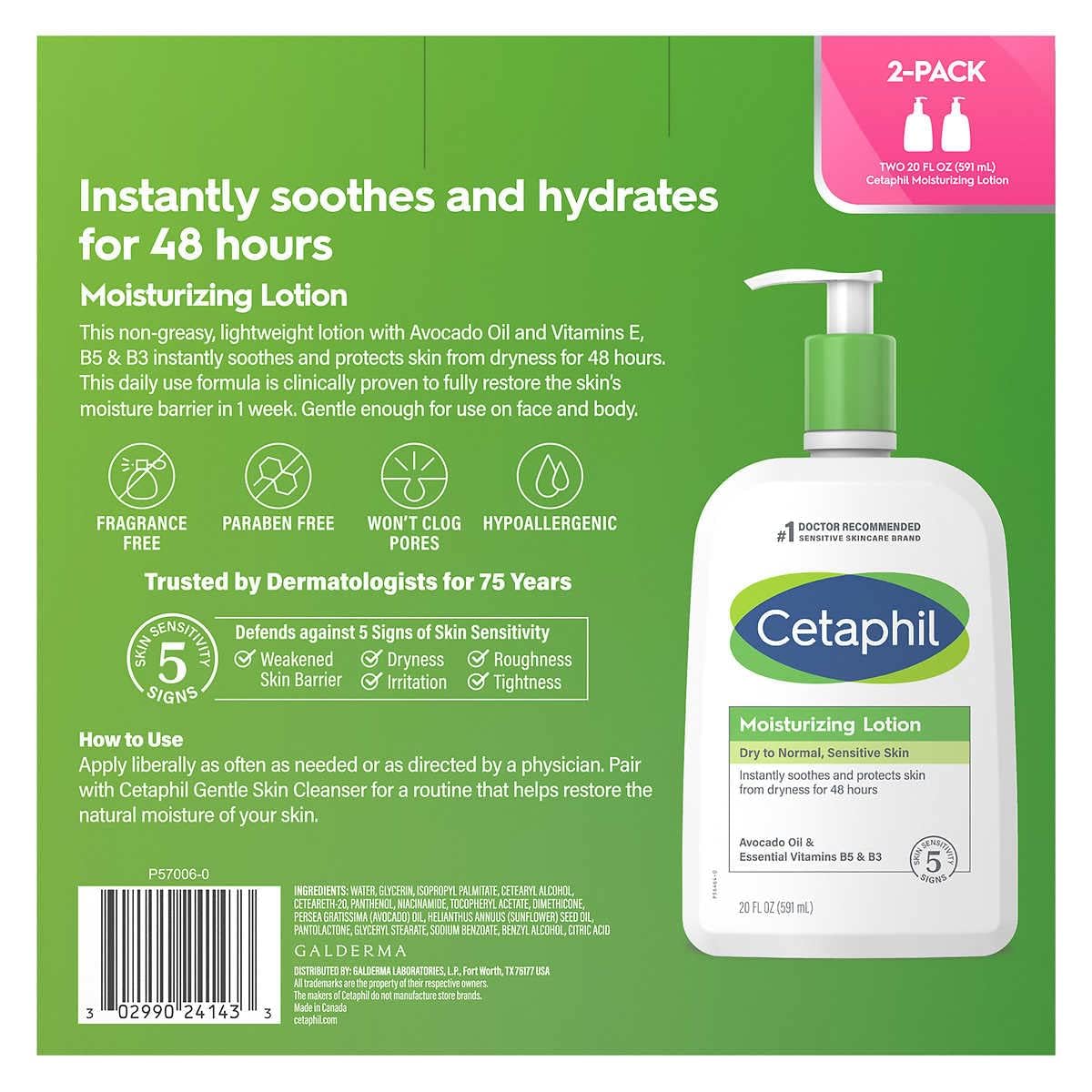 Cetaphil Moisturizing Lotion (Dry to Normal, Sensitive Skin) Avacado Oil & Essential Vitamins B5 & B3 591 ml