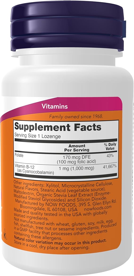 NOW Supplements, Vitamin B-12 1,000 mcg with Folic Acid, Nervous System Health*, 120 Chewable Lozenges