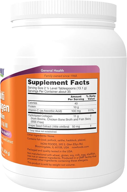 NOW Foods Supplements, Multi Collagen Protein Types I, II & III Powder, Bone, Joint, and Skin Health, 16 oz (454 g)