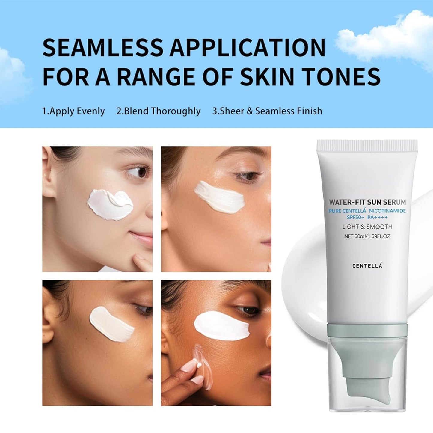 Centella Sunscreen SPF 50, Airy-Light Hyalu Cica Water-Fit Sun Serum, Face Sun Screen Long-Lasting Protection, Centella Madagascar Sunscreen, NO White Cast - Dry Oily Skincare