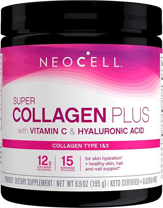 NeoCell Super Collagen Plus With Vitamin C and Hyaluronic Acid, For Skin Hydration and Healthy Skin, Hair and Nails Support, Unflavored, Collagen Powder, 6.9 oz., 1 Canister