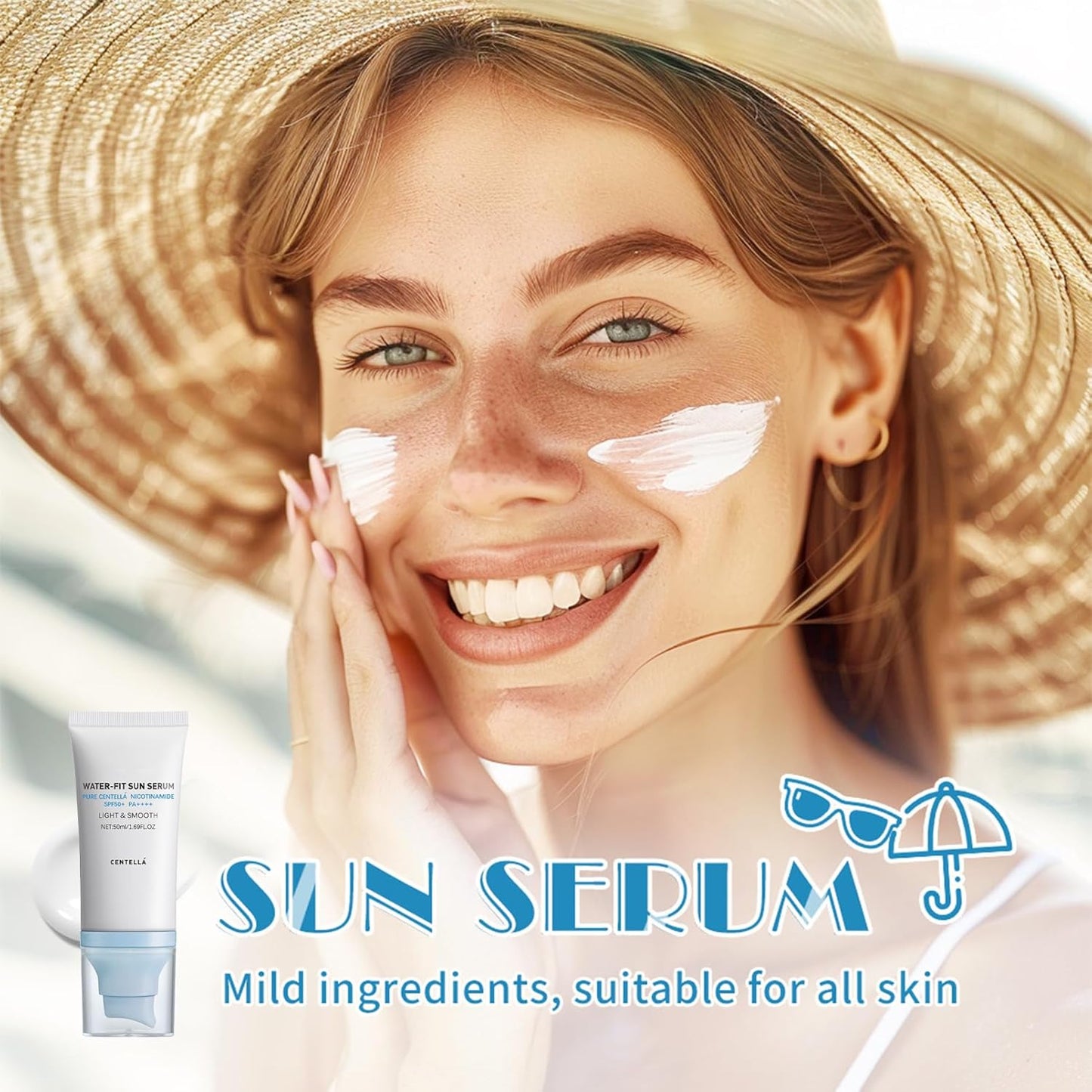 Centella Sunscreen SPF 50, Airy-Light Hyalu Cica Water-Fit Sun Serum, Face Sun Screen Long-Lasting Protection, Centella Madagascar Sunscreen, NO White Cast - Dry Oily Skincare