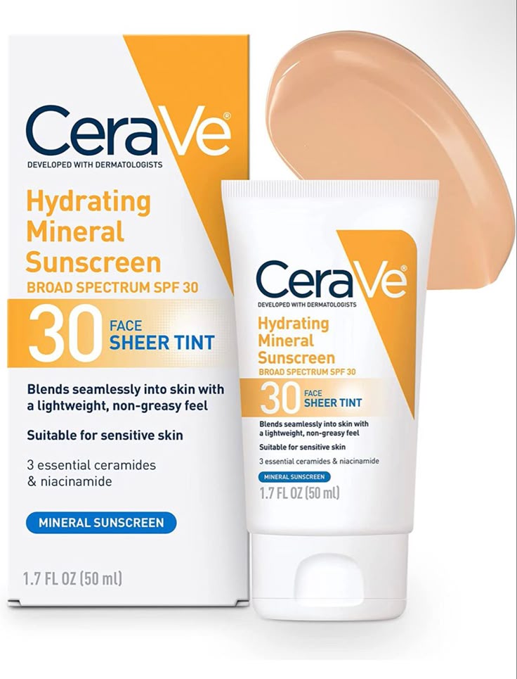 CeraVe Hydrating Mineral Sunscreen SPF 30 with Sheer Tint, Tinted Mineral Sunscreen with Zinc Oxide & Titanium Dioxide, Blends Seamlessly For Healthy Glow, Light, 1.7 Oz