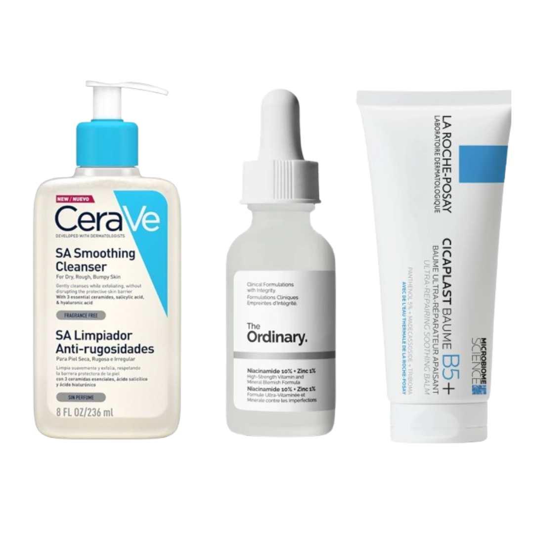 Acne Set for Dry & Sensitive Skin
(CeraVe SA Cleanser + La Roche-Posay Cicaplast Baume B5 + The Ordinary Niacinamide 10% + Zinc 1%)
