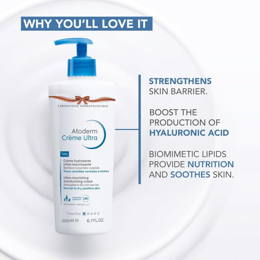 Biodeerma Atoderm Crème Ultra, Ultra-Nourishing Moisturising Cream, 200ml, 24h Hydration, For Normal to Dry Sensitive Skin