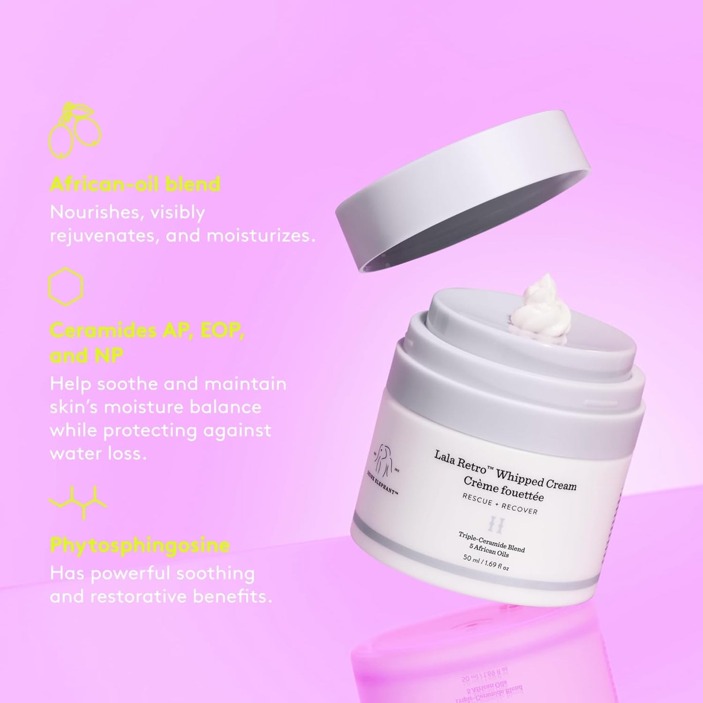 Drunk Elephant  Lala Retro  Whipped Cream  Rescue+Recover  6 African Oil Ceramides, pH5.2  50 ml