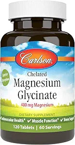 Carlson - Magnesium Glycinate, 200 mg, Superior Absorption, Heart Health, Muscle Function, Bone Support, 120 Tablets