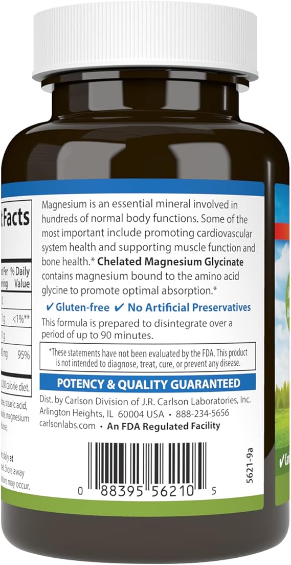 Carlson - Magnesium Glycinate, 200 mg, Superior Absorption, Heart Health, Muscle Function, Bone Support, 120 Tablets