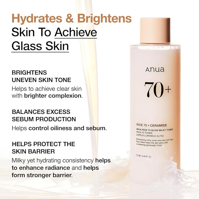 ANUA Rice 70 Glow Milky Toner, for Glass Skin, Rice Water, Niacinamide, Ceramides, Panthenol