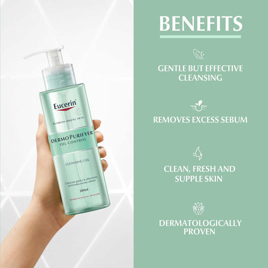 Eucerin DermoPurifyer Oil Control Face Cleansing Gel for Blemish & Acne-Prone Skin, Removes Excess Sebum, Dirt and Makeup, Fragrance-Free, Soap-Free, Suitable for Blemish and Acne-Prone Skin, 200ml