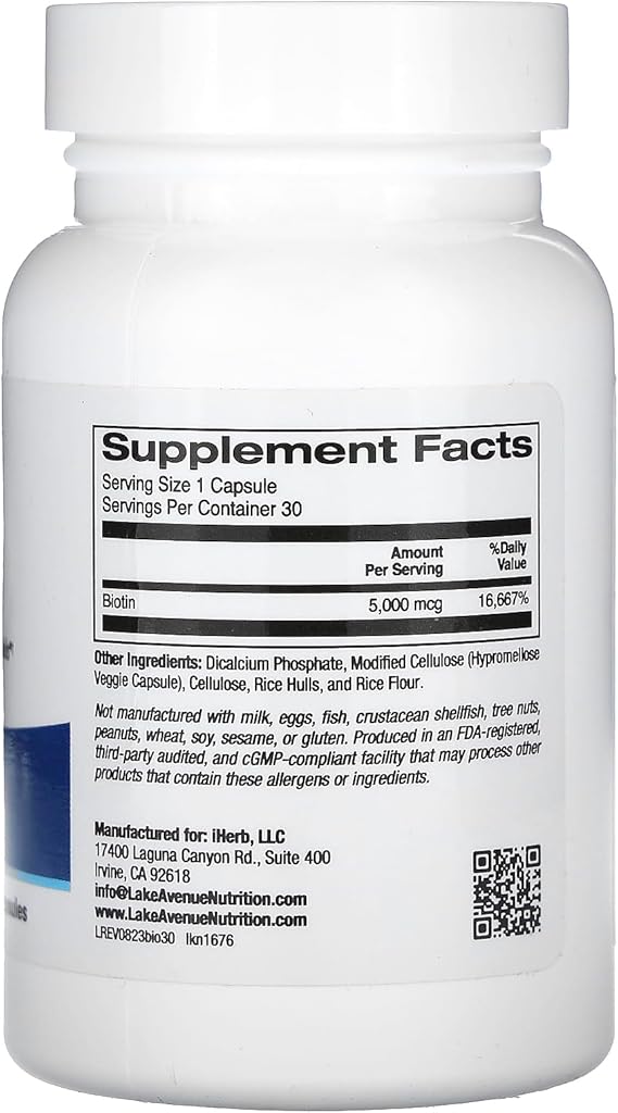 Lake Avenue Biotin, 5,000 mcg, 30 & 102 Veggie Capsules, Nutrition