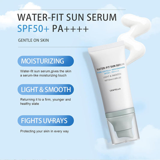Centella Sunscreen SPF 50, Airy-Light Hyalu Cica Water-Fit Sun Serum, Face Sun Screen Long-Lasting Protection, Centella Madagascar Sunscreen, NO White Cast - Dry Oily Skincare