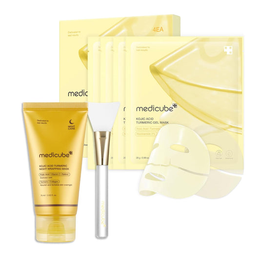 Medicube All-Day Care for Deep Hydration & Skin Revival: Turmeric Overnight Wrapping Peel Off Mask and Kojic Acid Turmeric Brightening Gold Jelly Gel Mask (4ea) and Jelly Brush