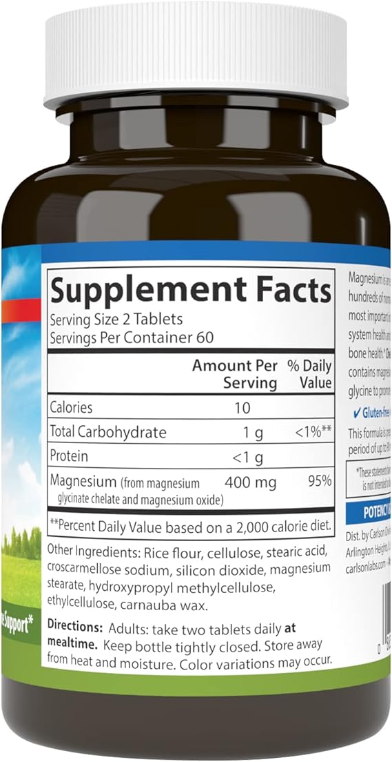 Carlson - Magnesium Glycinate, 200 mg, Superior Absorption, Heart Health, Muscle Function, Bone Support, 120 Tablets