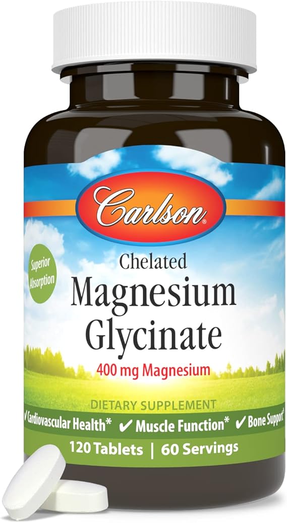 Carlson - Magnesium Glycinate, 200 mg, Superior Absorption, Heart Health, Muscle Function, Bone Support, 120 Tablets