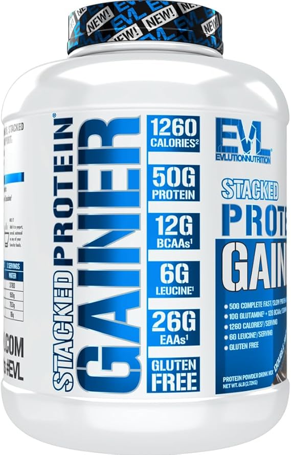 Evlution Nutrition Stacked Protein Gainer, 50 Grams Whey Protein Powder Complex, 251 Grams Carbohydrates, Build Muscle, Recovery, Post Workout, Gluten-Free (Double Rich Chocolate, 6 LB)