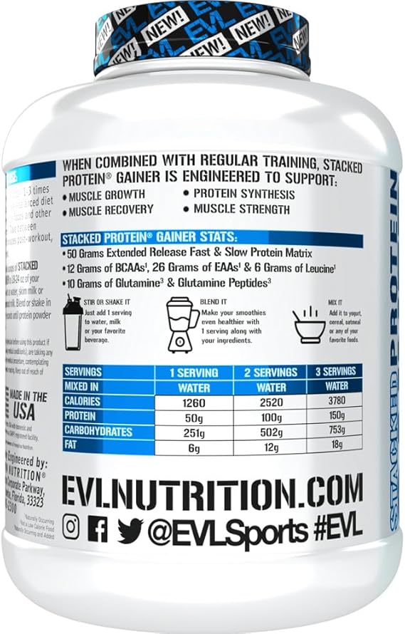 Evlution Nutrition Stacked Protein Gainer, 50 Grams Whey Protein Powder Complex, 251 Grams Carbohydrates, Build Muscle, Recovery, Post Workout, Gluten-Free (Double Rich Chocolate, 6 LB)