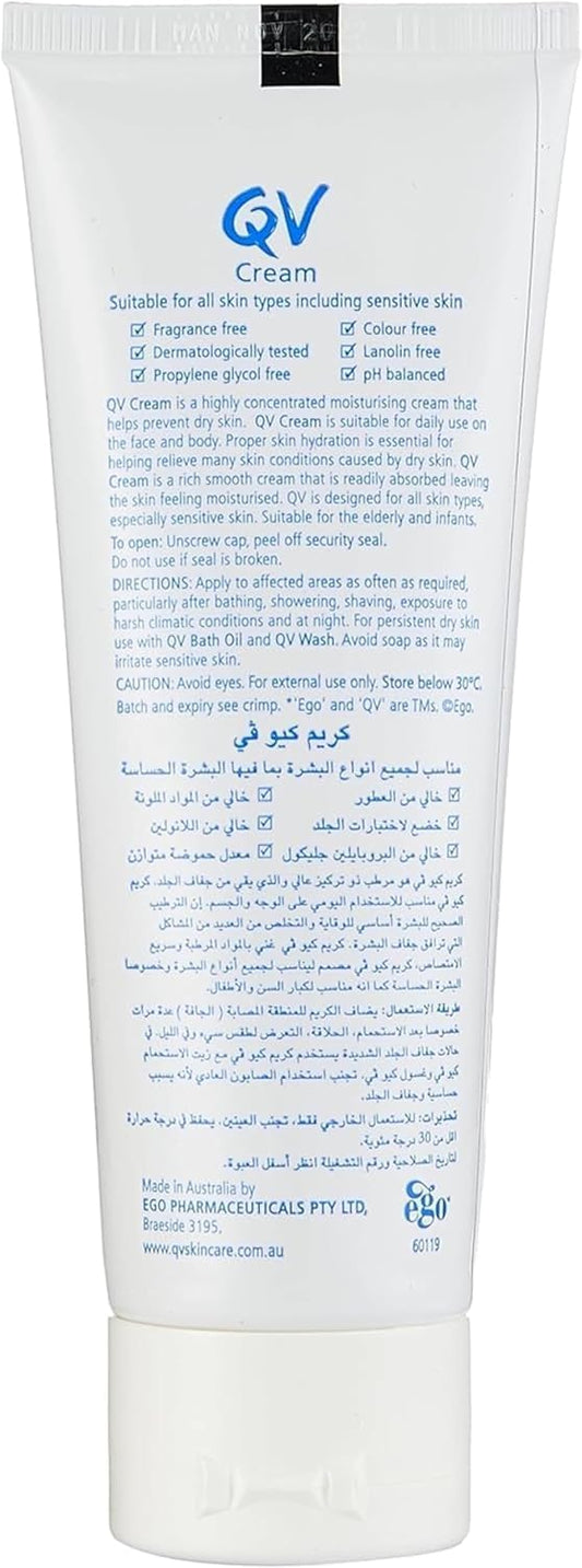 QV Cream with 10% Glycerin (100g) Rich Protective Moisturiser for Sensitive, Dry Skin, Fragrance Free, Noncomedogenic Body Cream, Hydrating Skin Care for Eczema, Psoriasis, Dermatitis, Tube