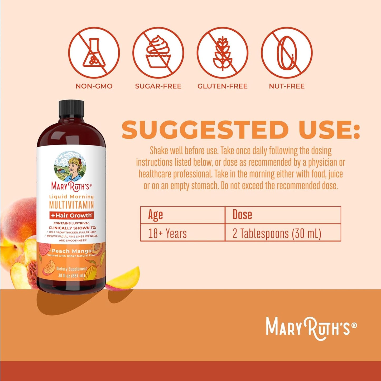 MaryRuth's Liquid Multivitamin + Hair Growth | Clinically Tested for Thicker Hair & Facial Wrinkles in Women | Biotin 10000mcg | Lustriva Hair Growth Supplements | Skin Care | Ages 18+ | 15.2163 Fl Oz