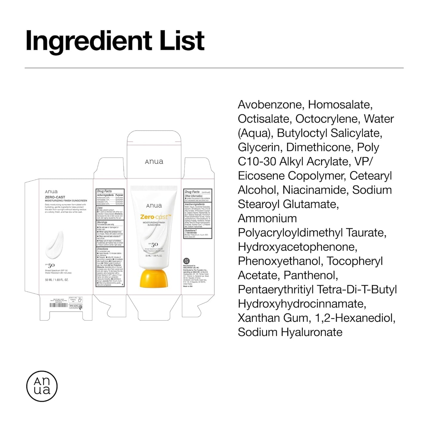 Anua Zero-Cast Moisturizing Finish Sunscreen,SPF 50,