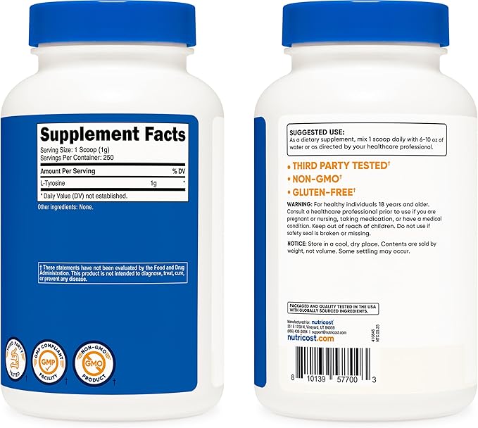Nutricost L-Tyrosine Powder 250 Grams - Pure L-Tyrosine Powder 1000mg Per Serving