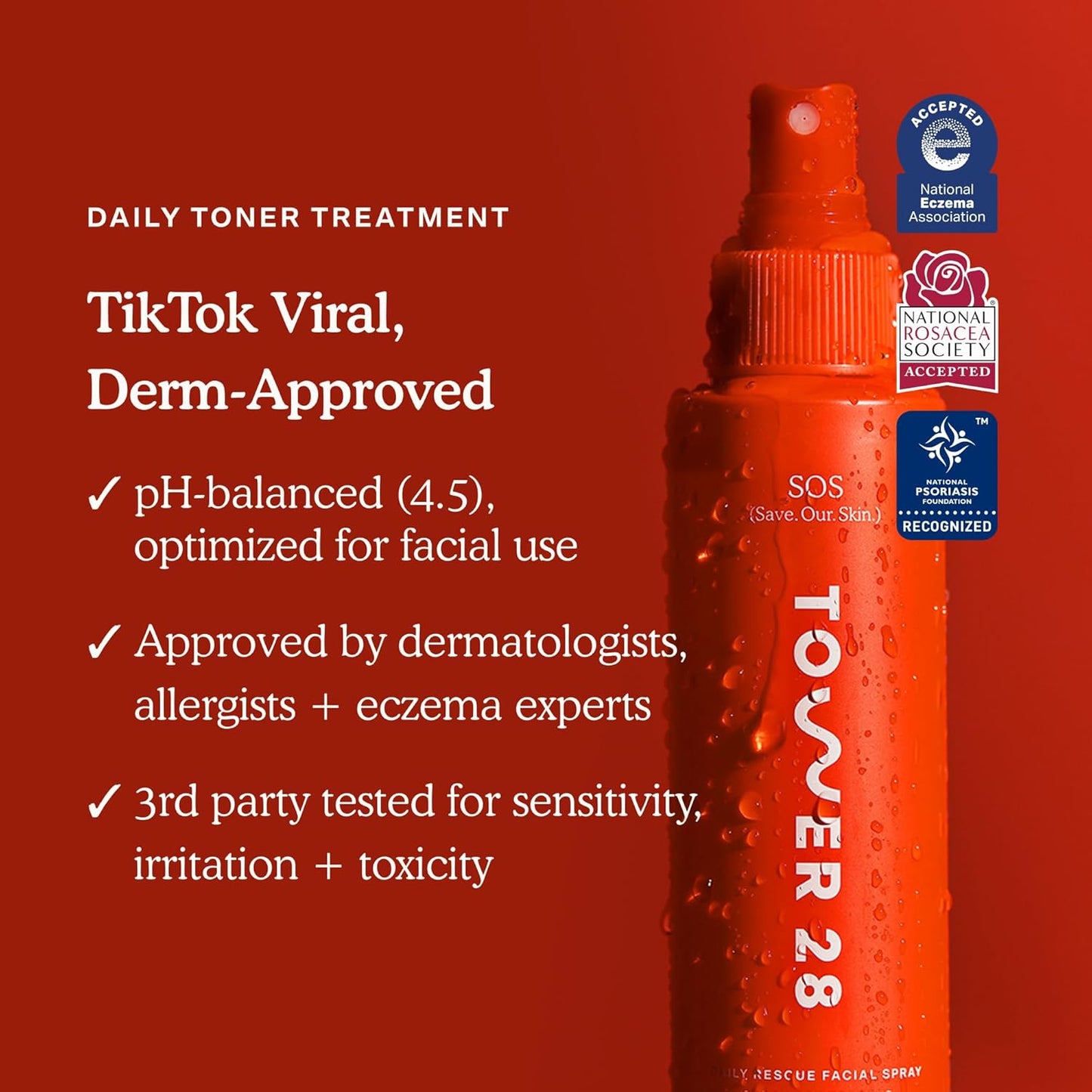 Tower 28 SOS Daily Rescue Facial Spray for Sensitive Skin, Hypochlorous Acid Spray Helps Reduce Redness and Breakouts, Full Size Toner for Face, 4 FL Oz