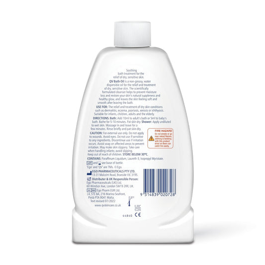 QV Bath Oil (500 ml) Moisturising Bath Soak for Sensitive Skin, Relief from Dry Itchy Skin, Gentle pH Balanced Formula, Fragrance Free, Soap Free, Non Greasy, Noncomedogenic Bath Soak