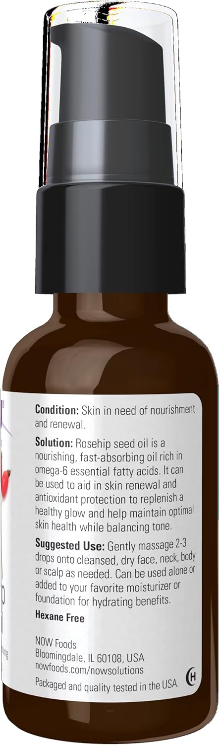 NOW Solutions, Rose Hip Seed Oil, 100% Pure, Nourishing and Renewing, For Facial Care, Vegan, Child Resistant Cap, 1-Ounce