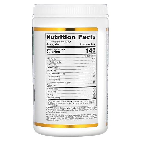 California Gold Nutrition Superfoods, Collagen Coconut Creamer with Organic Coconut Milk Powder, Hydrolyzed Collagen Peptides, Organic Tapioca Maltodextrin, and Bamboo Extract, Unsweetened, 10.2 oz