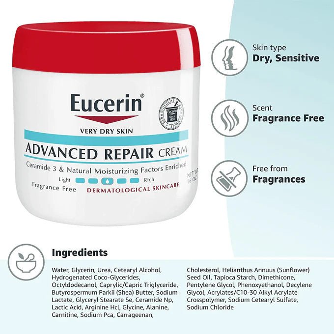 Eucerin (Very Dry Skin) Advanced Repair Cream Ceramide 3 & Natural Moisturizing Factors Enriched 454g